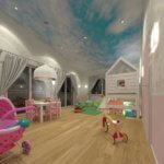Geschlechtsneutrales Kinderzimmer Design mit Spielhaus und großen Panoramafenstern