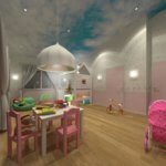 Kinderzimmer Design für kleine Mädchen mit Kindertisch, Puppenwagen und Spielhaus