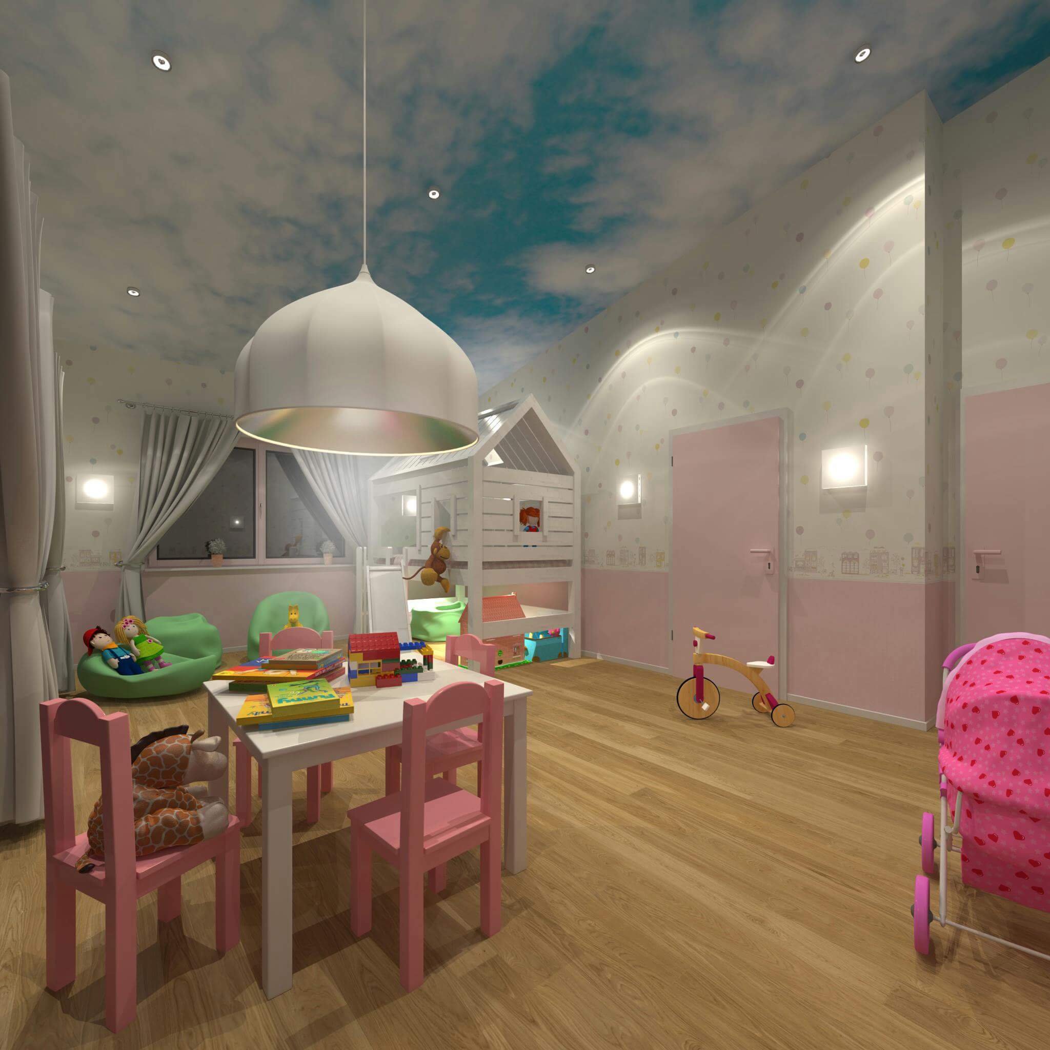 Kinderzimmer Design für kleine Mädchen mit Kindertisch, Puppenwagen und Spielhaus