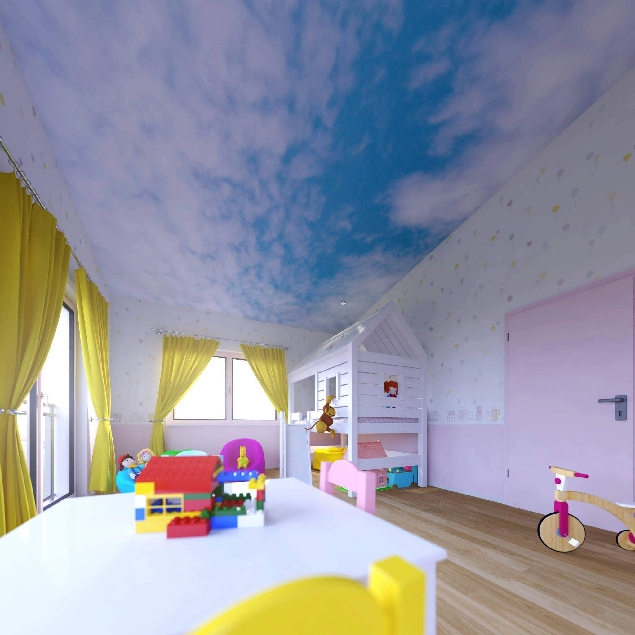 Blaue Decke mit Wolken als Stilelement im modernen Kinderzimmer Design
