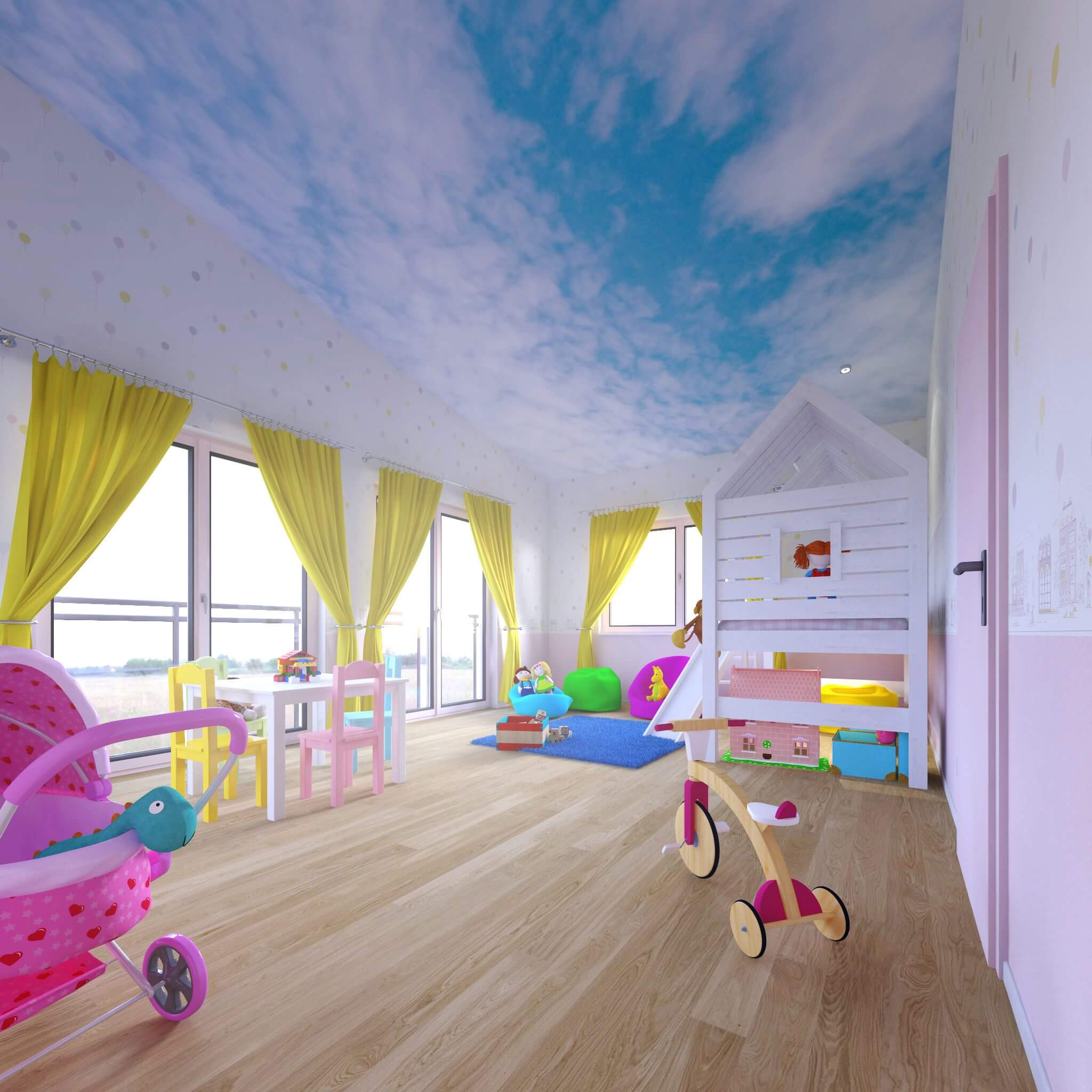 Kinderzimmer Design mit Himmeldecke, großen Fenstern und Spielhaus