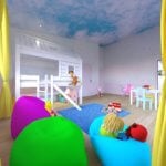 Visualisierung von modernem Kinderzimmer Design mit Sitzsäcken und Spielhaus