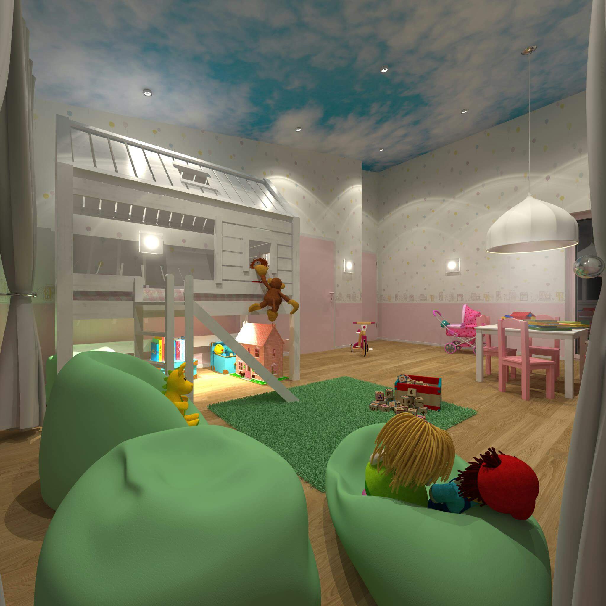 Gemütliches Kinderzimmer Design mit weißem Spielhaus und lindgrünen Sitzsäcken