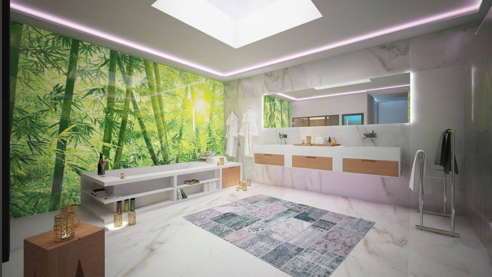Grosses Badezimmer in Weiß mit Wandtapete im Bambuslook
