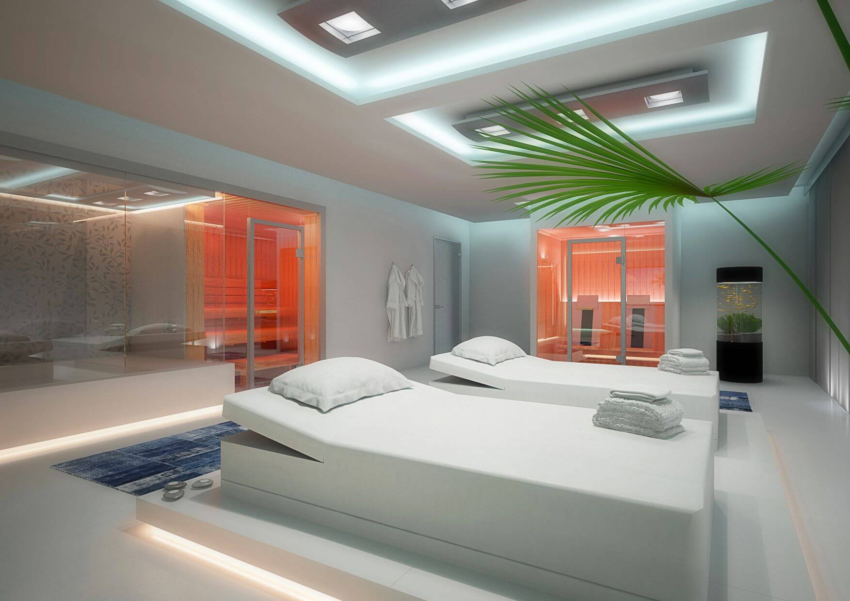Helles Wellness-Badezimmer im Onsen-Stil mit orangenfarbigen Akzenten, weißer LED-Beleuchtung und Pflanzen-Dekoration