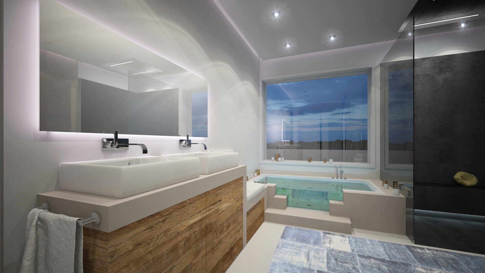 Modernes Bad mit hölzernem Waschtisch und Designerwanne vor wandfüllendem Fenster