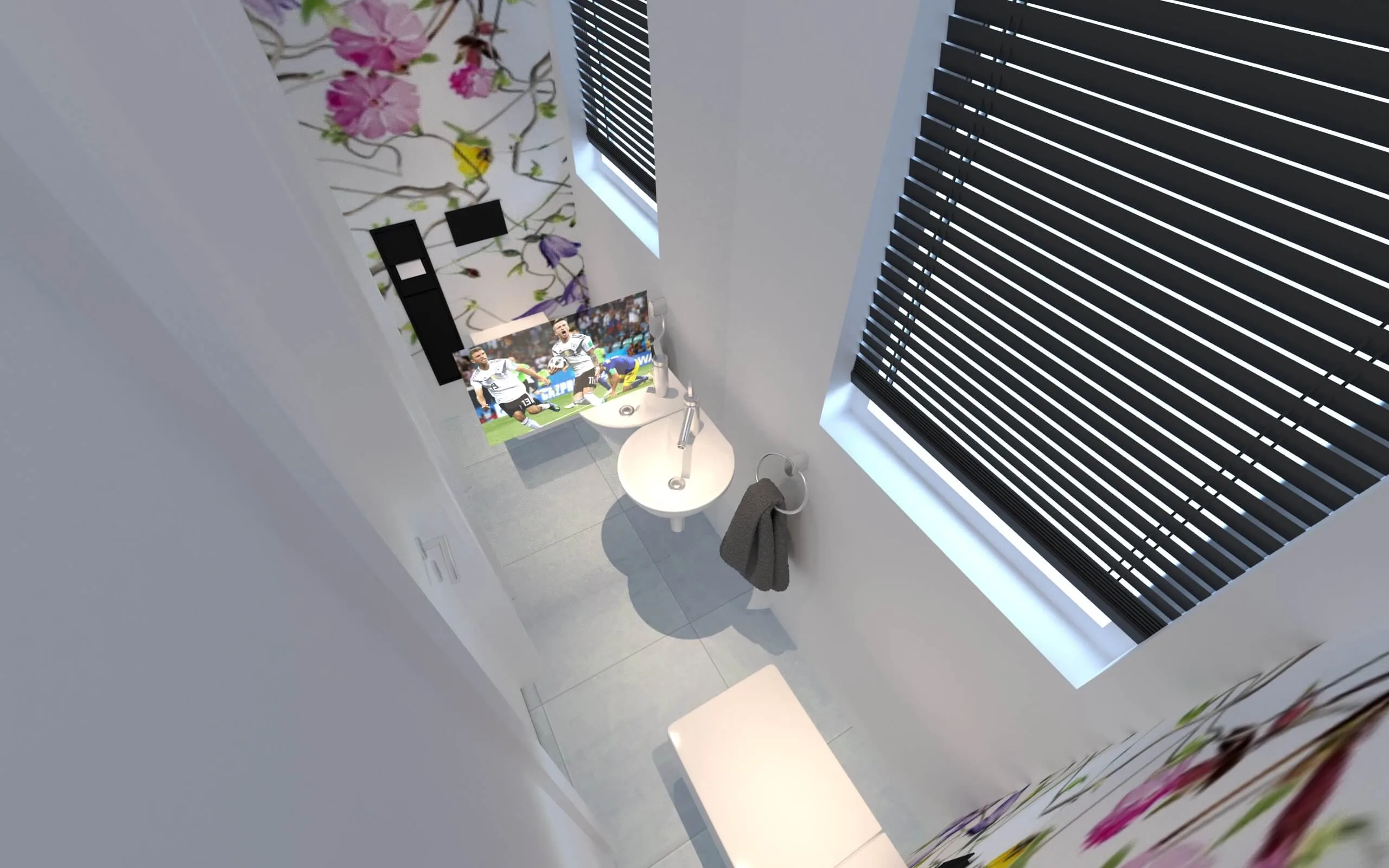 Gäste WC Design mit weißem Grundton und floraler Tapete