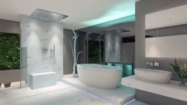Heller Raum mit offener Dusche, ovaler Badewanne und Waschbereich
