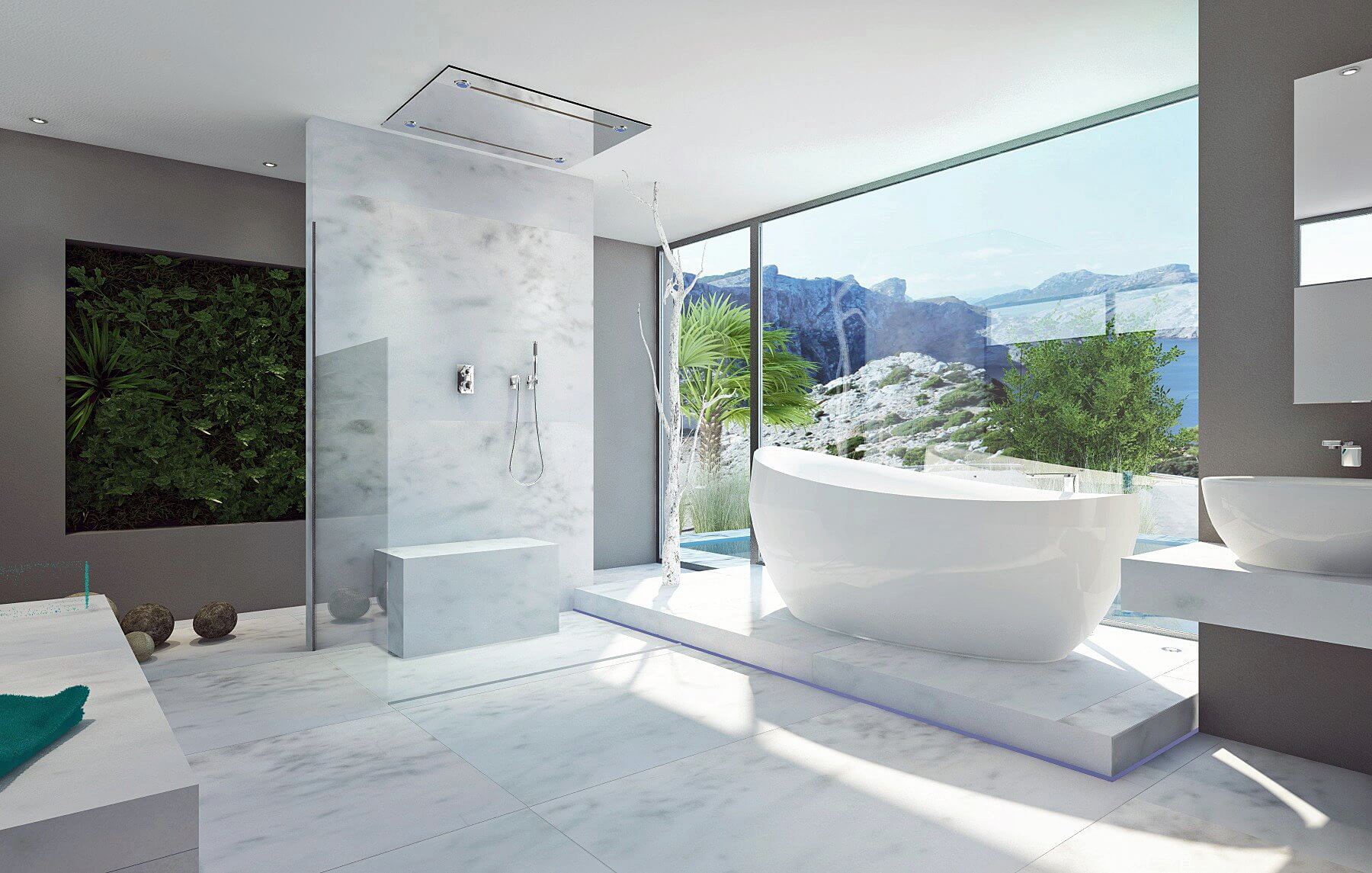 Spa Design in Weiß mit freistehender Badewanne, Regendusche und Panoramafenster