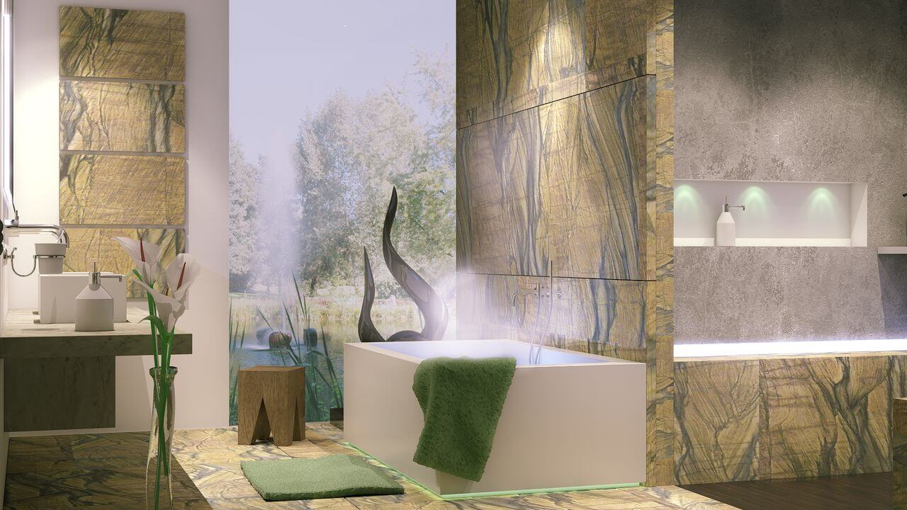 Home Spa Design mit rechteckiger Wanne, hohem Panoramafenster und Natursteinelementen