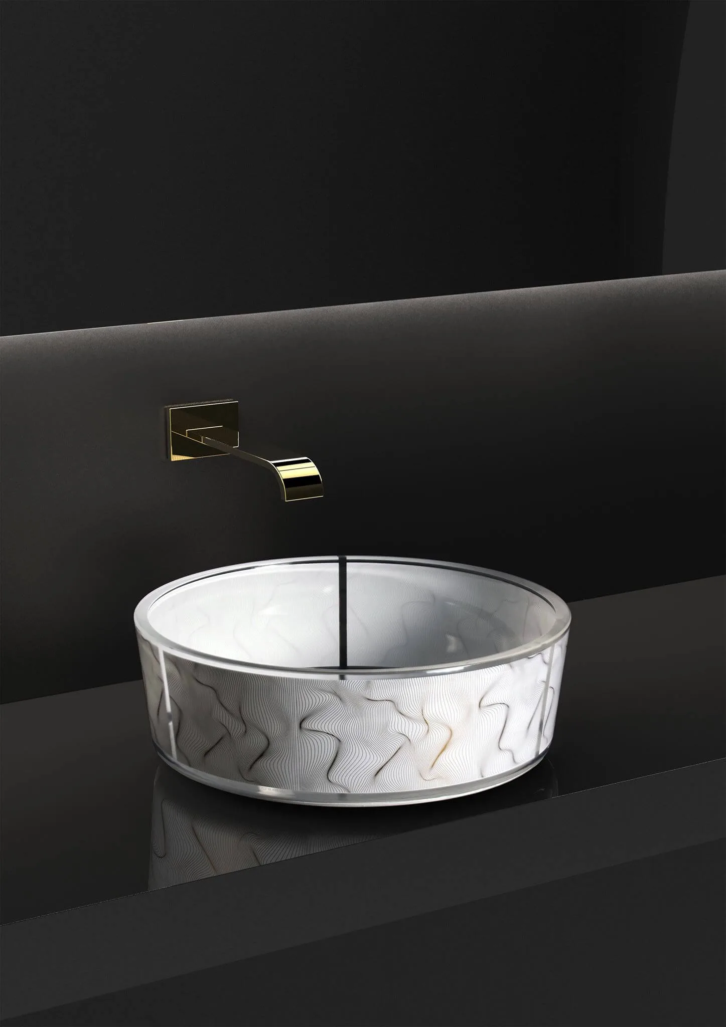 Die kühne Interpretation für fast ein digitalisiertes Glass Design durch den Designer erhält so eine ganz neue Optik die durch die Anwesenheit von Gold verschönert wurde – so entsteht der Look zum Glaswaschbecken mit Goldsiebdruck. Die perfekte Synergie mit Karim Rashids hat somit eine kühne künstlerische Dekorationen hervor gebracht - die zugleich auch eine futuristische und luxuriöse Beckenauswahl entstehen ließ. Es ist eine Serie die "digitalisiert", raffiniert und elegant in gleichem Maße. Aufsatzwaschbecken aus Kristall mit Siebdruck (Serigraphie) in Gold. Größe: mm Ø 400 x h.150