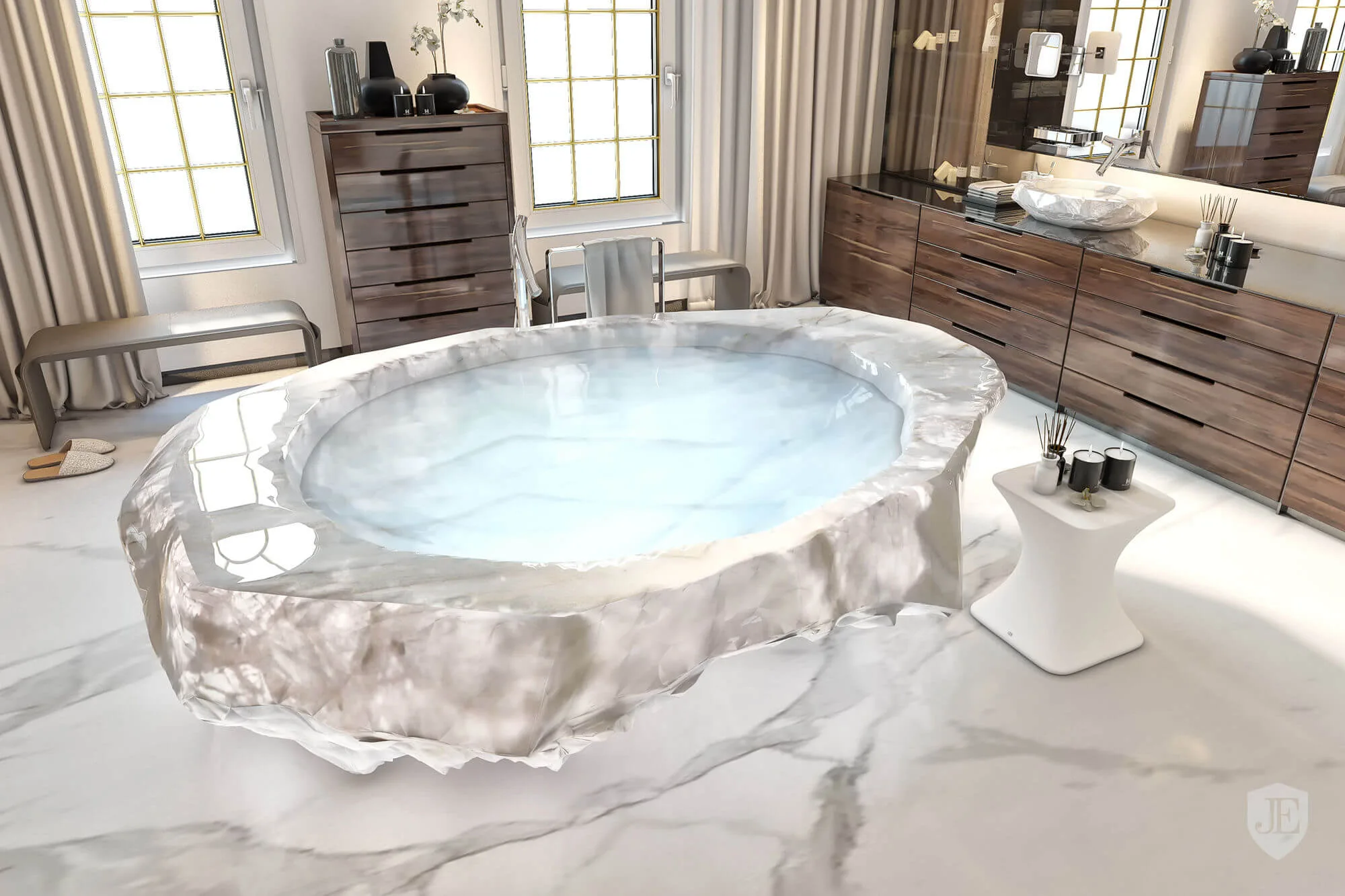 Rosenquarz Badewanne in schlichtem Bad Rosenquarz Badewanne in elegantem Bad mit Holzmöbeln