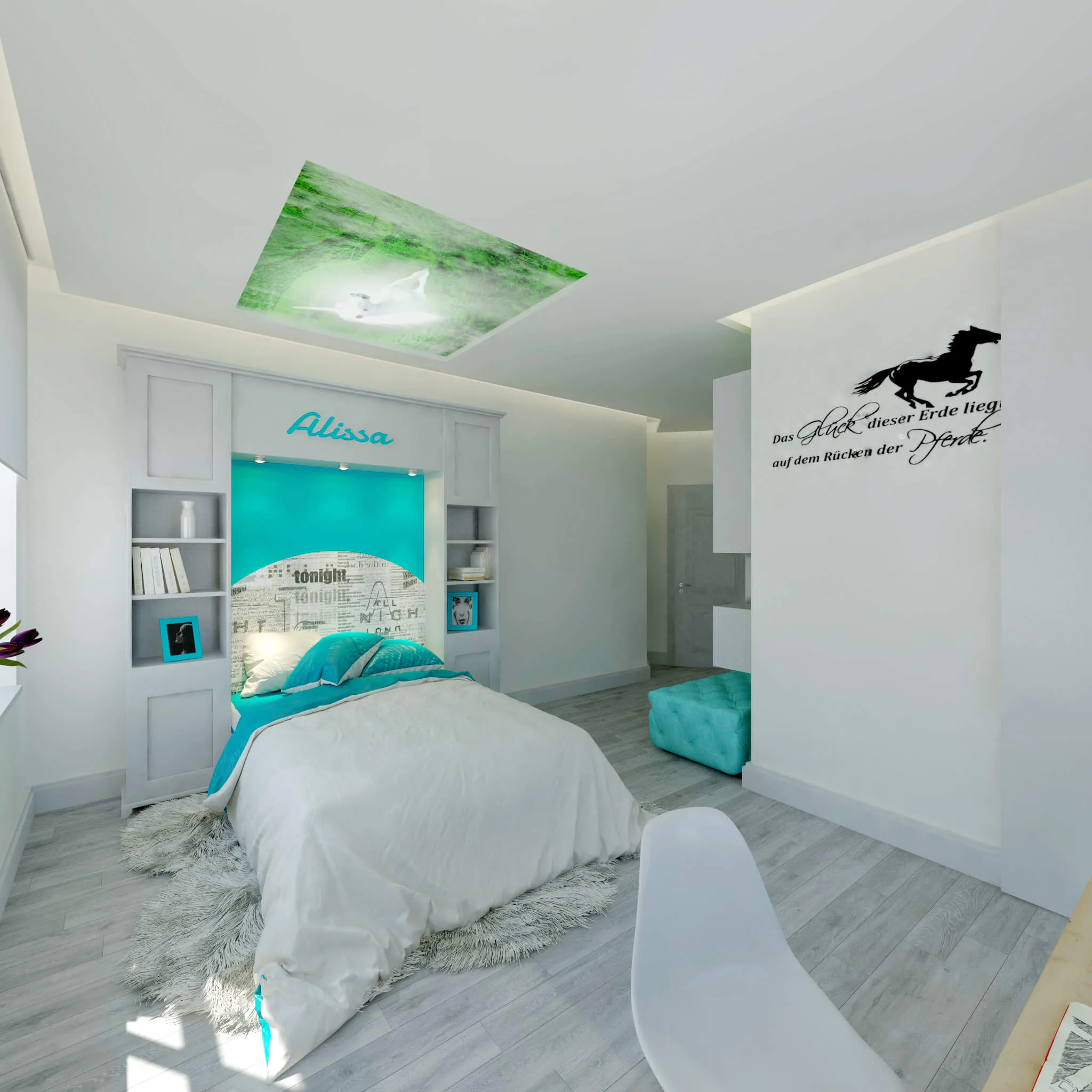 Interior Design im Jugendzimmer in Weiß und Türkis