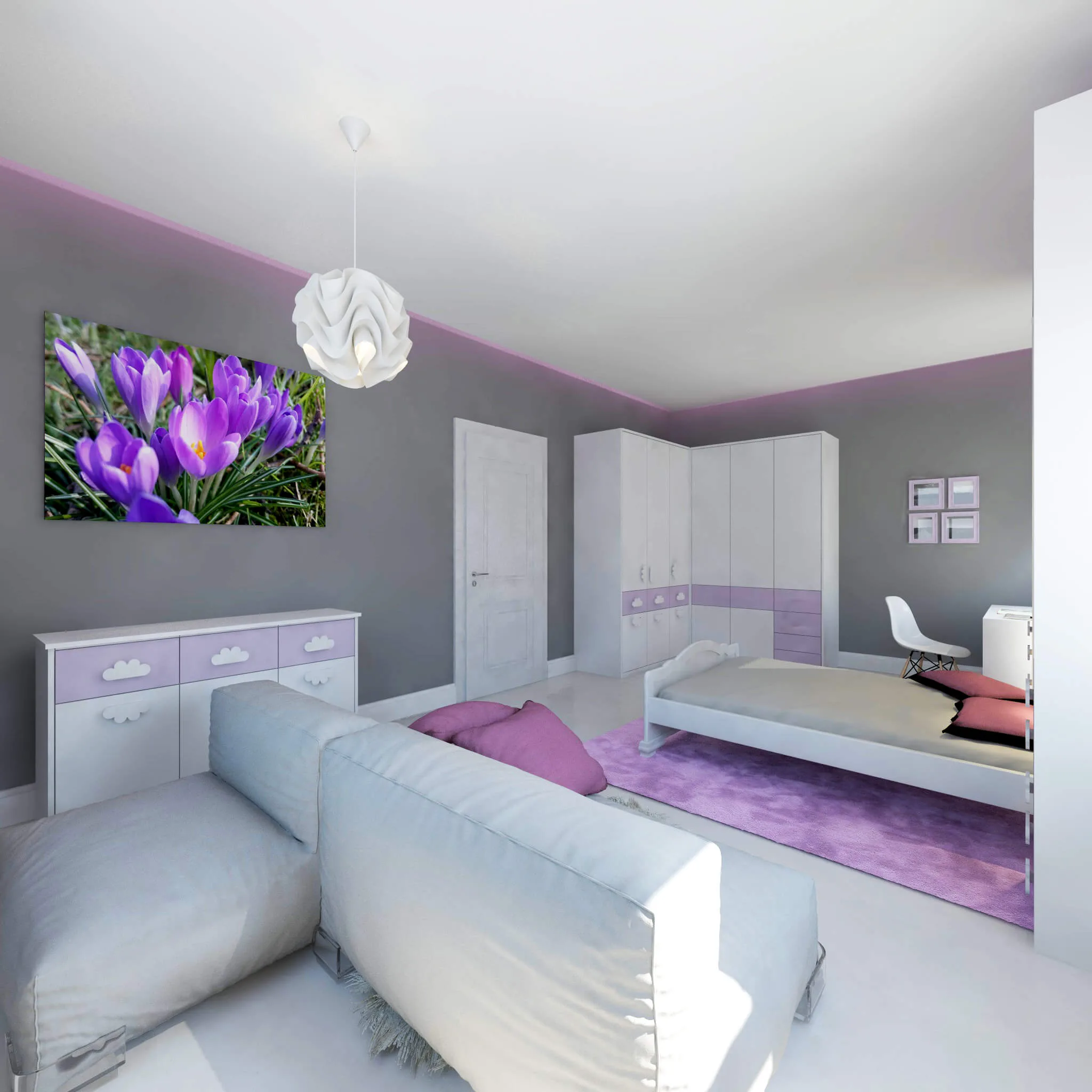 Jugendzimmer modern für junge Frauen mit lila Akzenten und großer Sitzecke