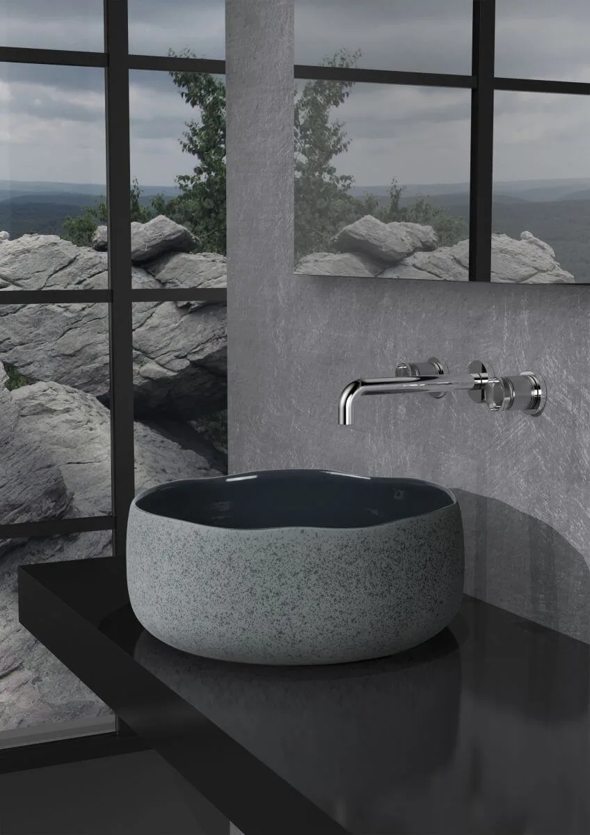 Aufstzwaschbecken in Steinoptik mit dunkler glänzender Innenseite von myglassdesign