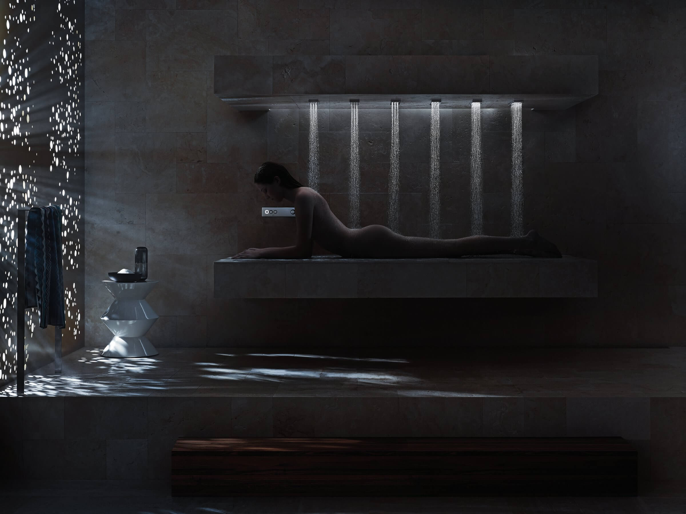 Spa- und Bad-Architektur Design mit Dornbracht Luxusdusche Massagedusche Horizontal Shower ATT ermöglicht das Duschen mit der AMBIANCE TUNING TECHNIQUE erstmals im Liegen.