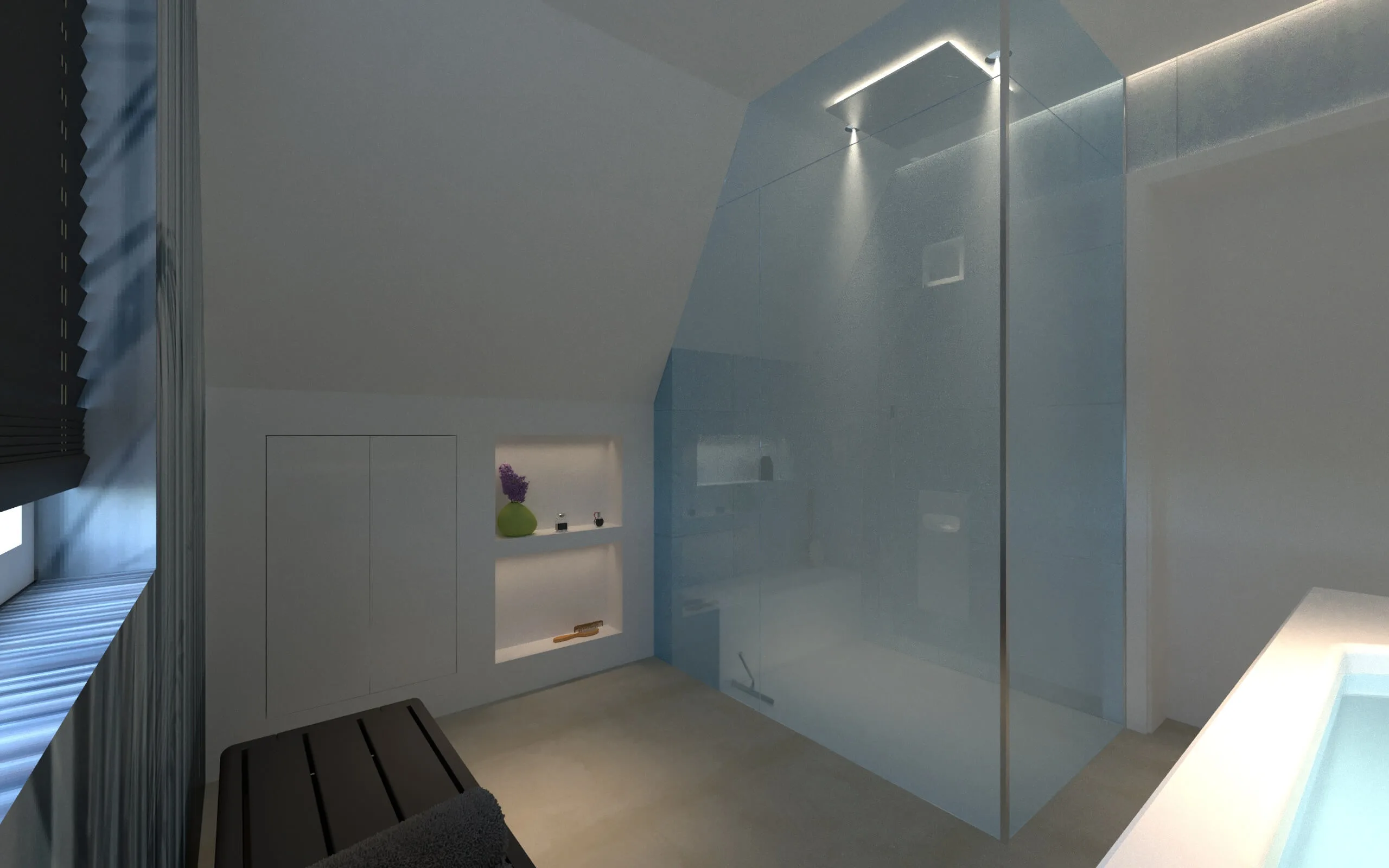Modernes Bad mit begehbarer Glasdusche, Lichtnische und integriertem Stauraum – Design by Torsten Müller