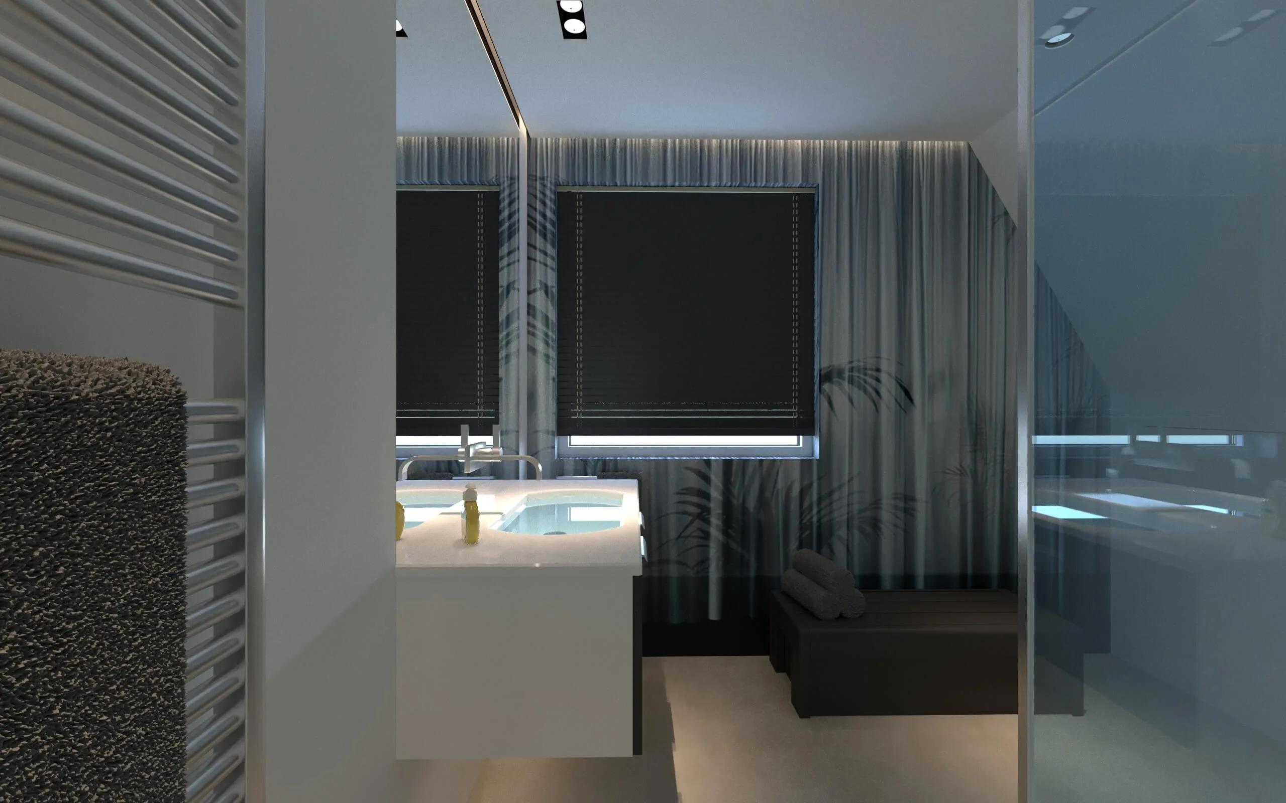 Modernes Badezimmer mit beleuchtetem Einzelwaschtisch, dunkler Sitzbank und grafischem Wanddekor – Design by Torsten Müller