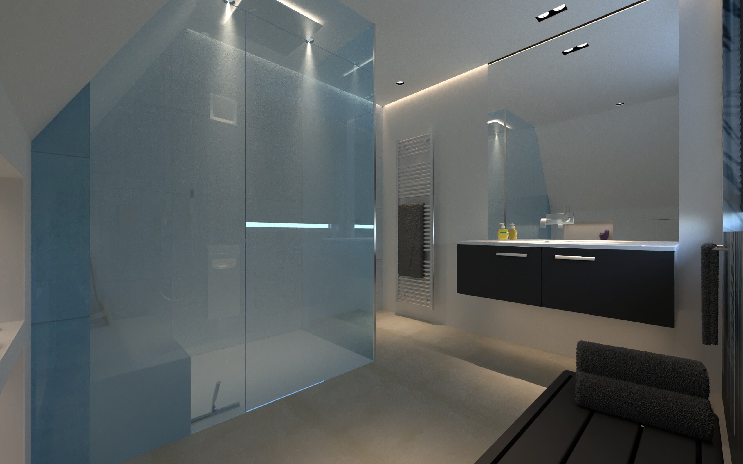 Modernes Bad in Grautönen mit Glasabtrennung für Dusche