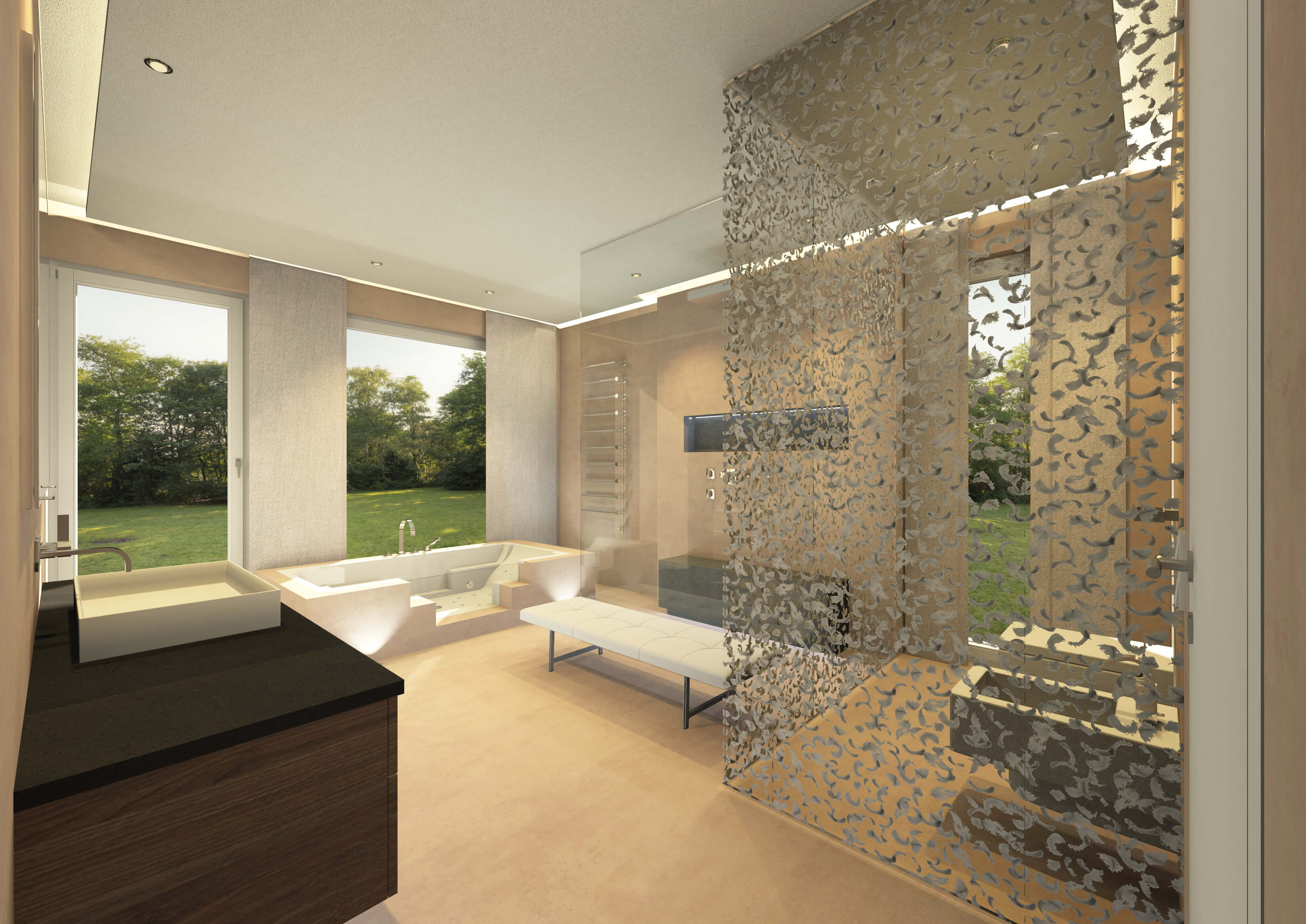 Luxus Badezimmer im Erdgeschoss mit Gartenblick, eckiger Wanne, Sitzbank und Dusche hinter Glaswand