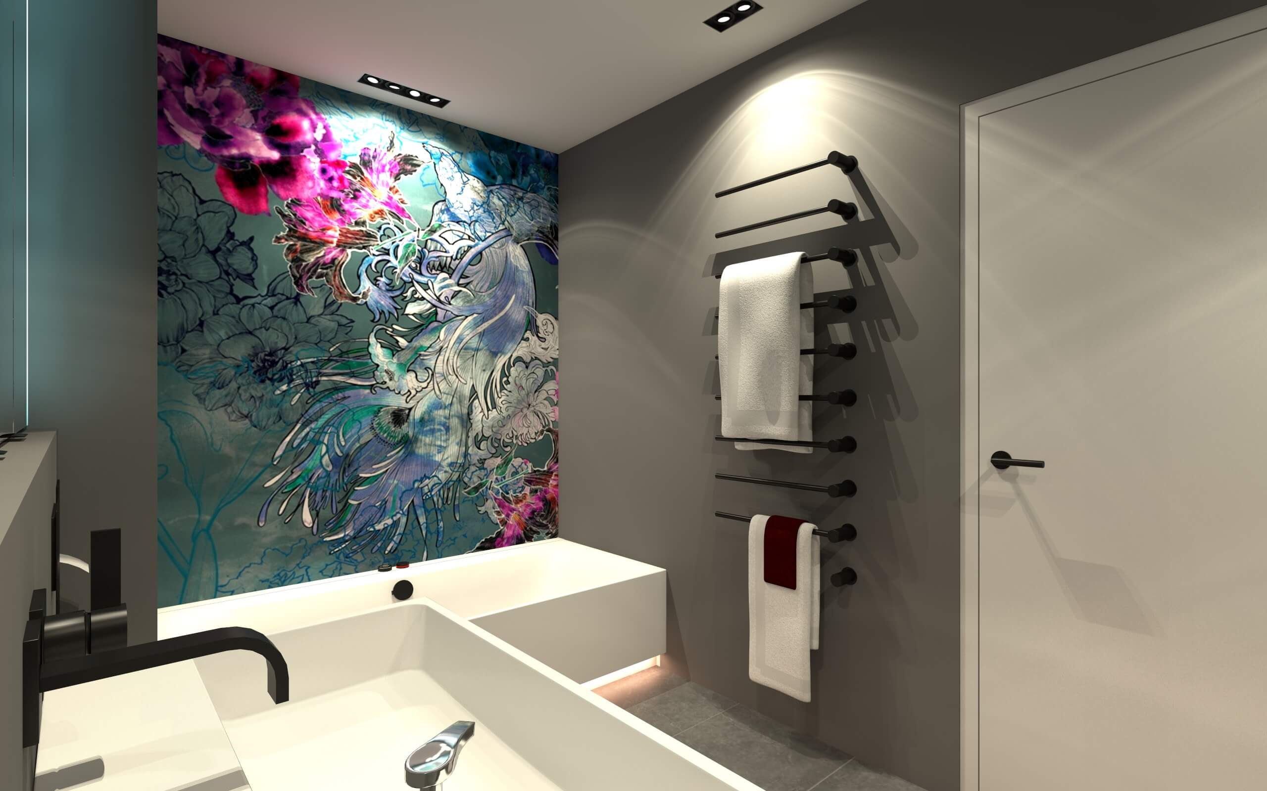 Blumentapete in Badezimmer Blumentapete hinter Badewanne mit angrenzender grauer Wand