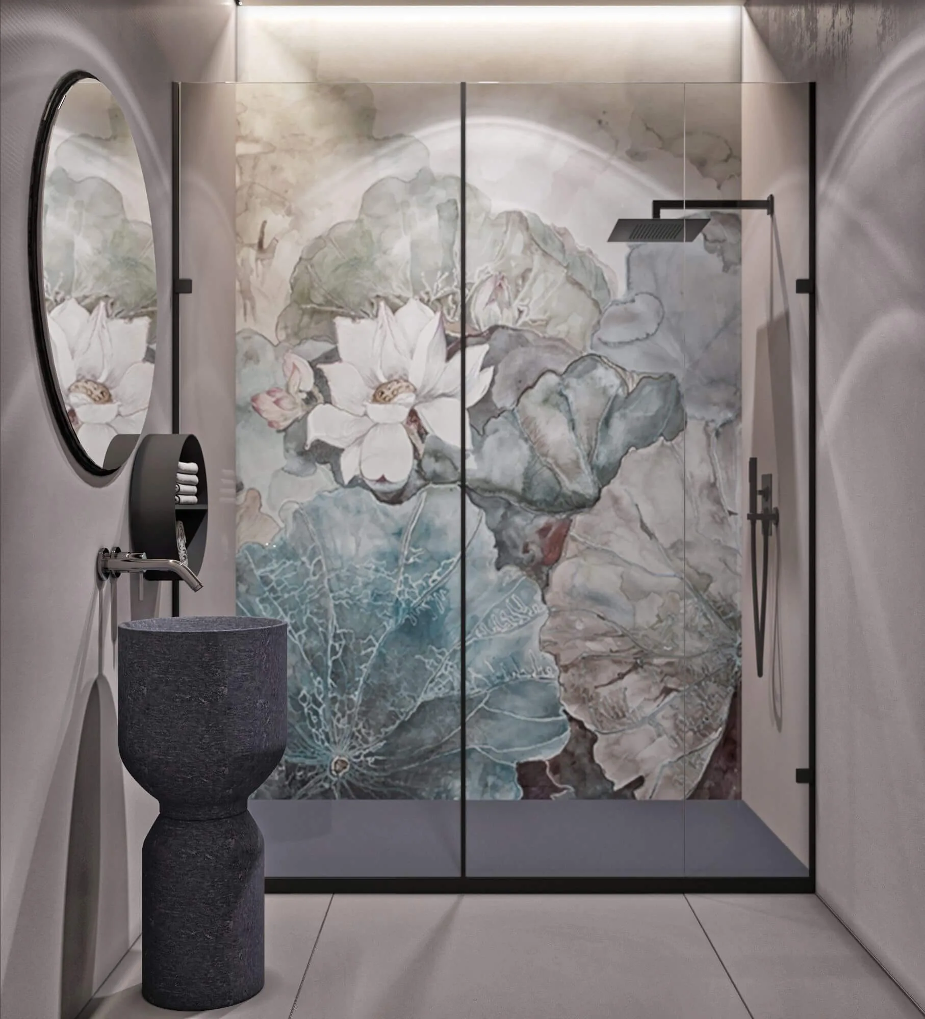 Kleines Bad in Grau mit Wall and Deco Tapete Schmaler Raum mit Duschabtrennung und Wall und Deco Tapete sowie steinerner Waschsäule und Spiegel