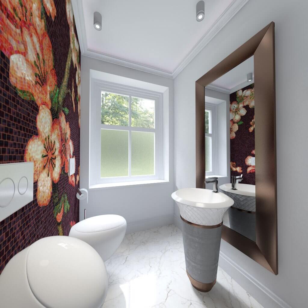 Gäste-WC in Weiß mit  großem Spiegel und einer Mosaikwand mit Blumenmotiv