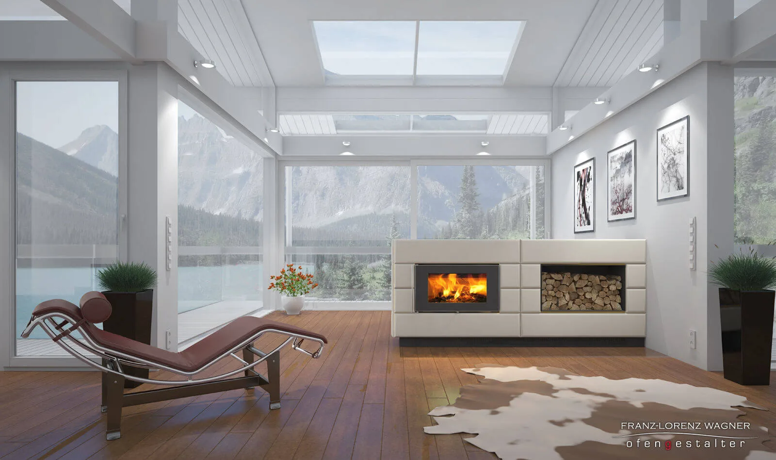 Wohnzimmer in Weiß mit Kamin Wohnzimmer in Weiß mit Tagesbett, Kamin und Panoramafenster mit Alpenblick