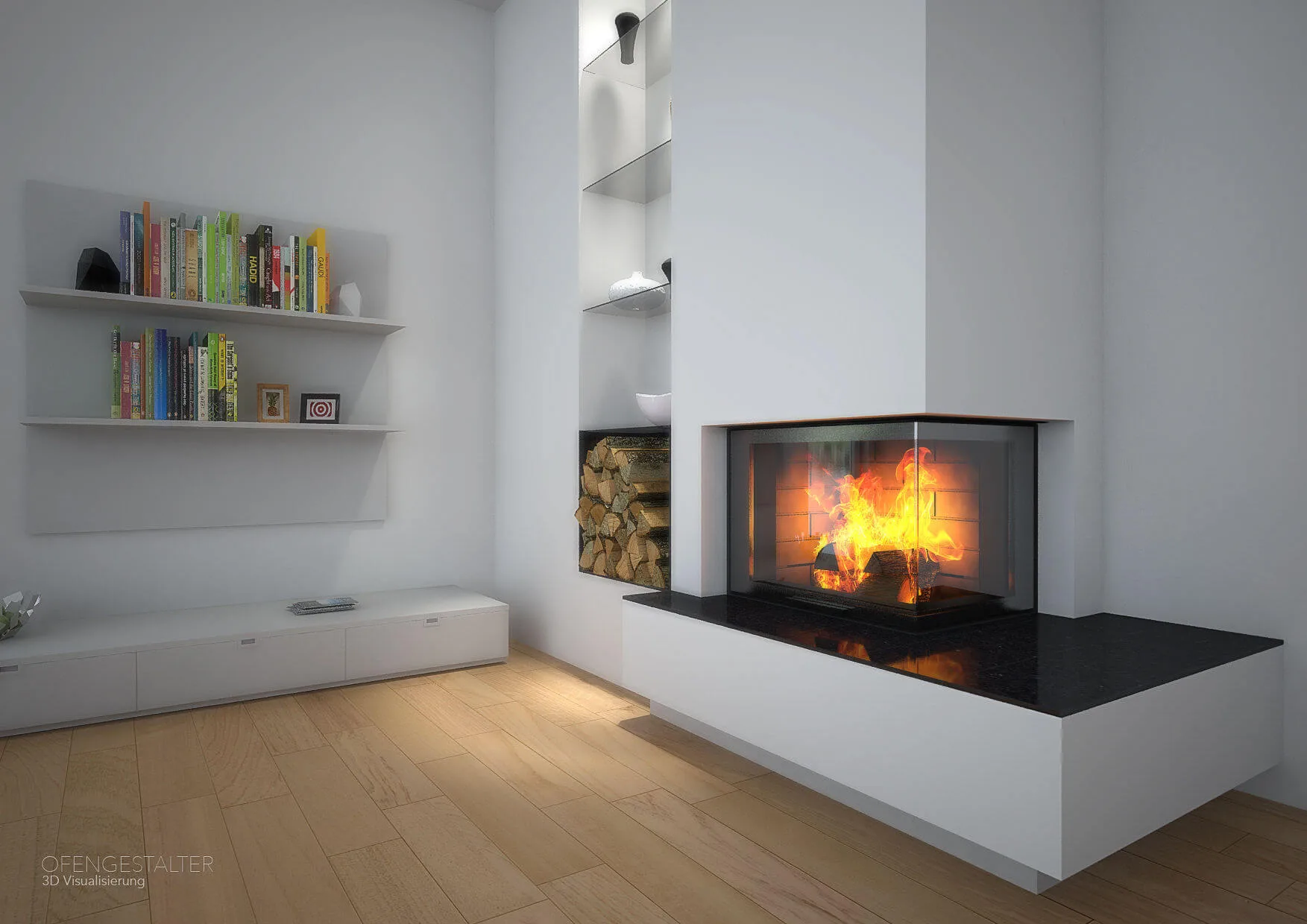 Weißer Kamin Weißer Kamin mit Glasfront neben zweireihigem Bücherregal