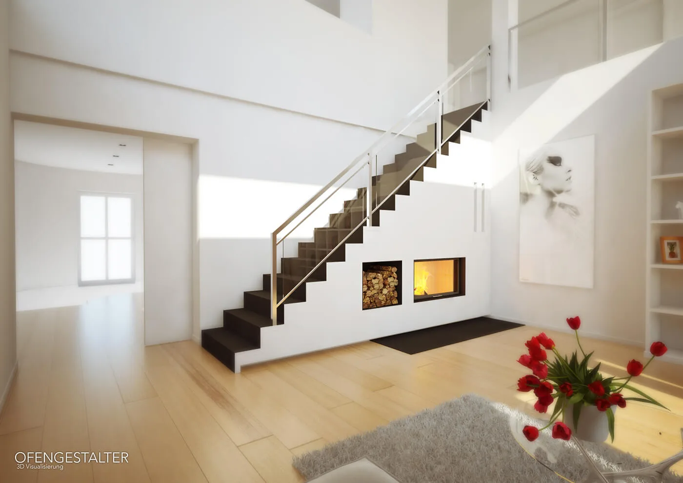 Weißer Eingangsbereich Weißer Eingangsbereich mit Treppe und Kamin
