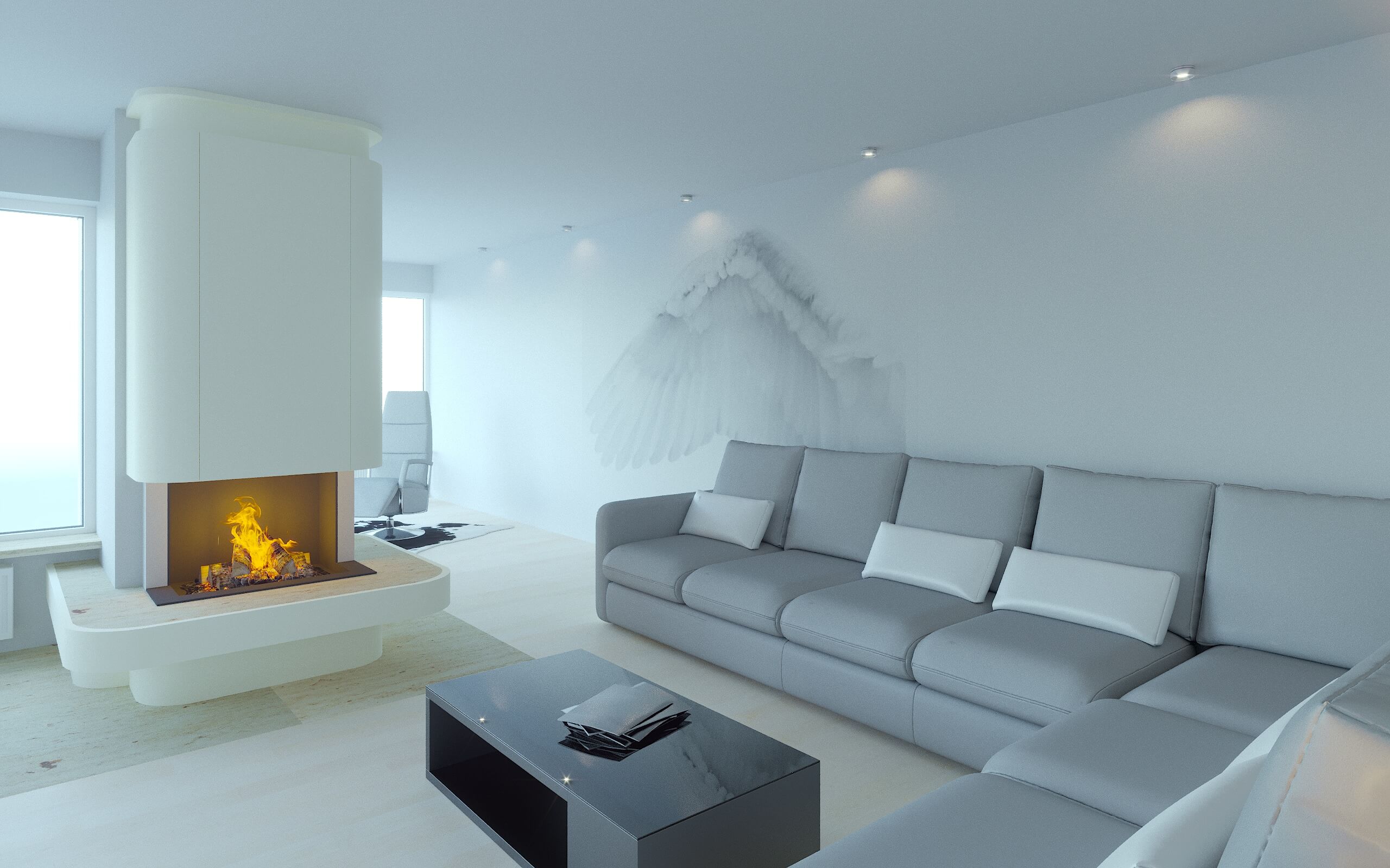 Weißes Wohnzimmer mit Kamin Weiße Couch vor einem grauen Couchtisch und weißem Kamin