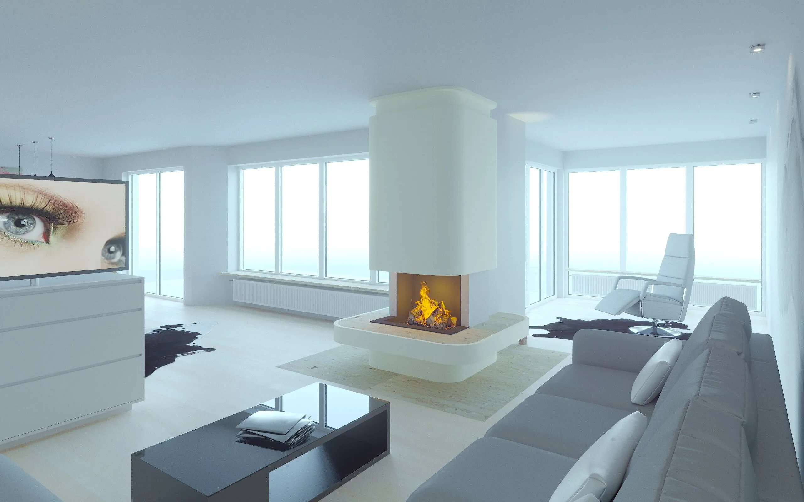 Wohnzimmer Design in Weiß Weißes Wohnzimmer mit großer Couch, Sessel, Kamin und Fernseher