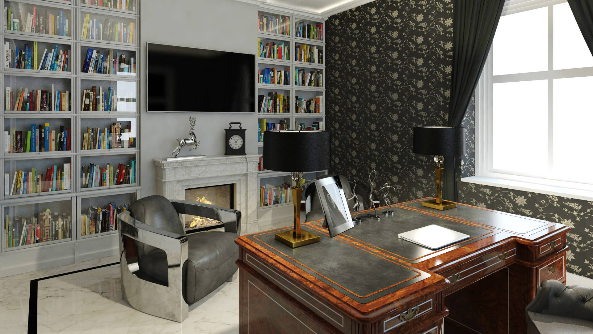 Herrenzimmer-Design-by-Torsten-Müller-aus-Bad-Honnef-Planung-Verkauf-Interior-Designer Cologne Bonn (4) Das Herrenzimmer folgt einer jahrhundertealten Tradition: Einst ein verrauchter Salon, in dem man mit einem Whiskey in der Hand am Kamin die Aktienkurse diskutierte und nach dem Abendessen über die kommenden Geschäftszüge sinnierte. Heute ein moderner Raum – gerne mit dunkleren Akzenten – mit Anspruch auf einen exklusiven Privatraum, in dem man der eigenen Gedanken Herr werden kann. Natürlich am brennenden Kamin…