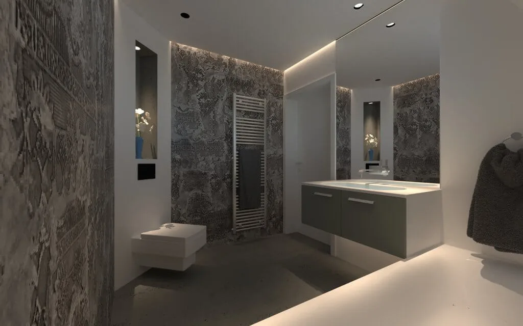 Badezimmer mit grauer Wall and Deco Tapete Badezimmer in Weiß-Grau mit passender Wall and Deco Tapete