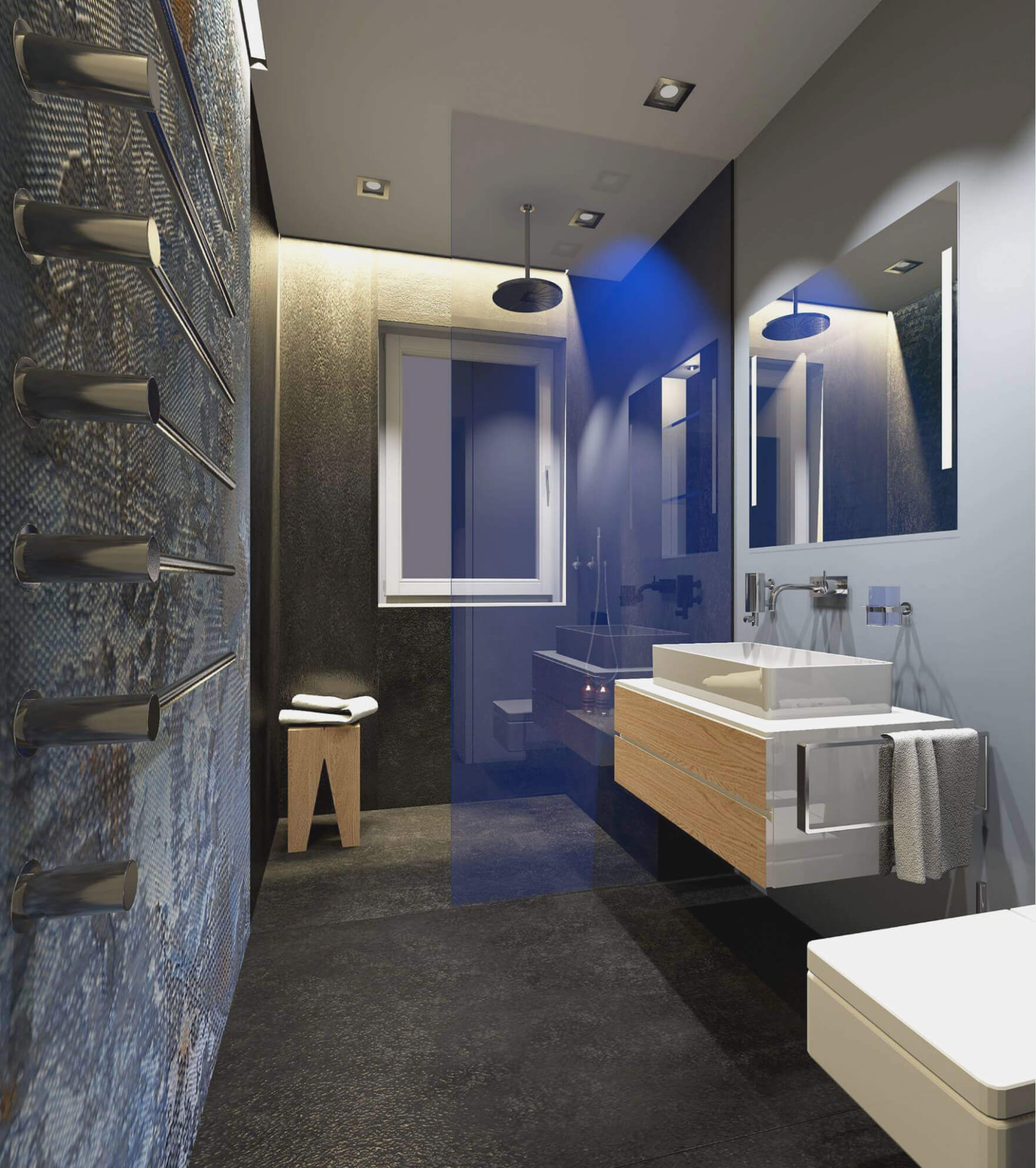 Der Boden und die Wand bilden eine optische Einheit, die den Raum erfasst unda damit das Badezimmer vergrößert