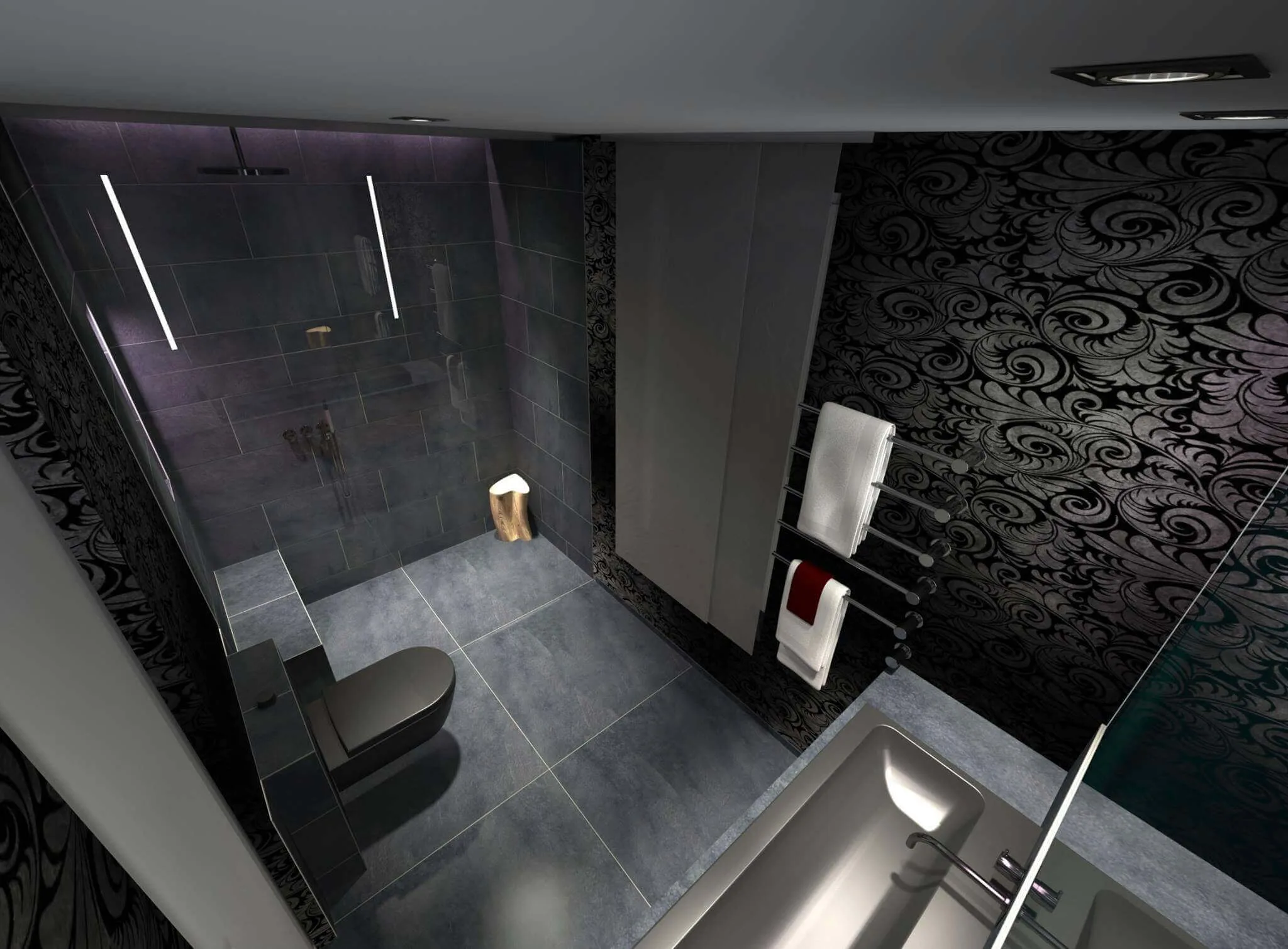 Badezimmer mit bodenebener Dusche und WC in Schwarz mit barocker Tapete