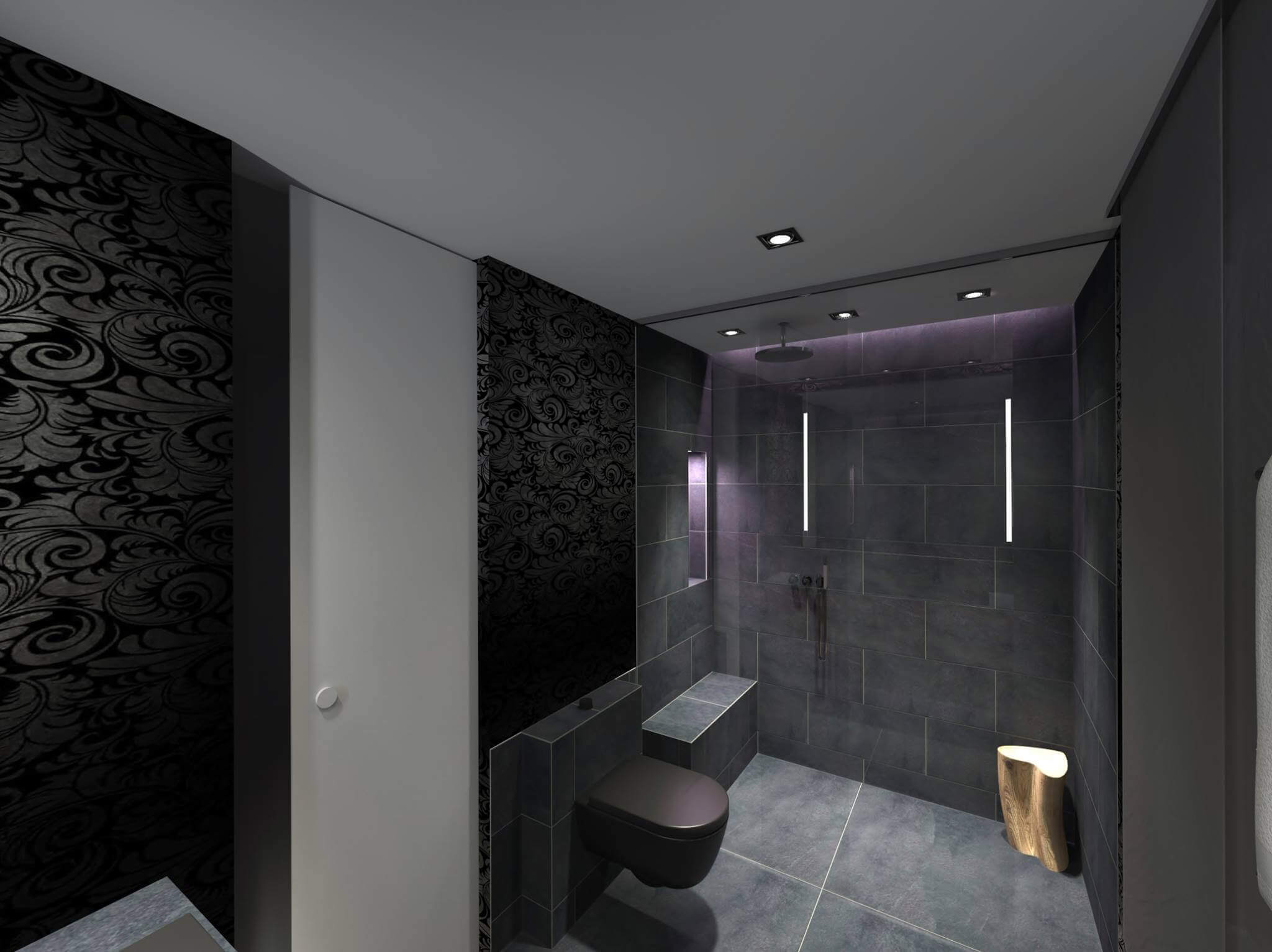 Badezimmer mit großer Dusche und Toilette in dunklem Grau und schwarzer Tapete