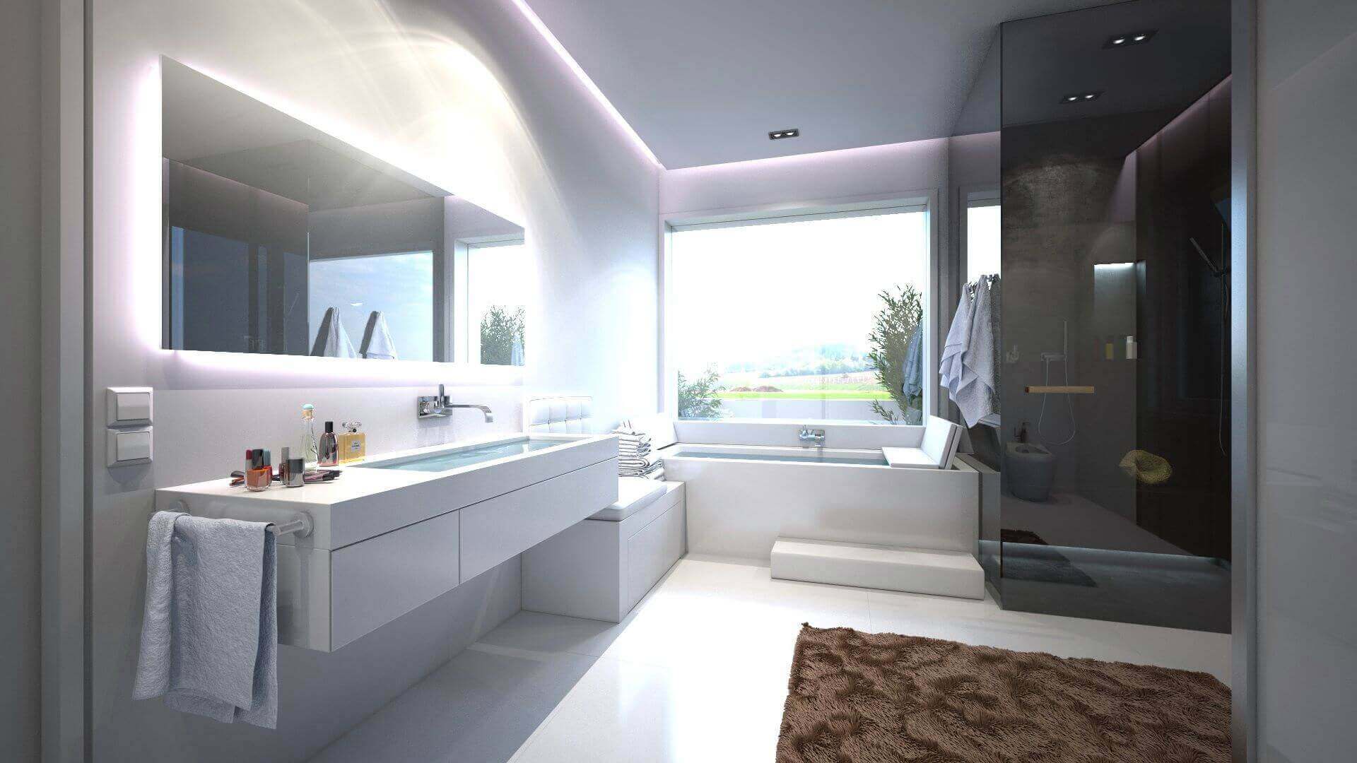 Badezimmer in schwarz weiß mit Badewanne, Dusche und Waschbereich