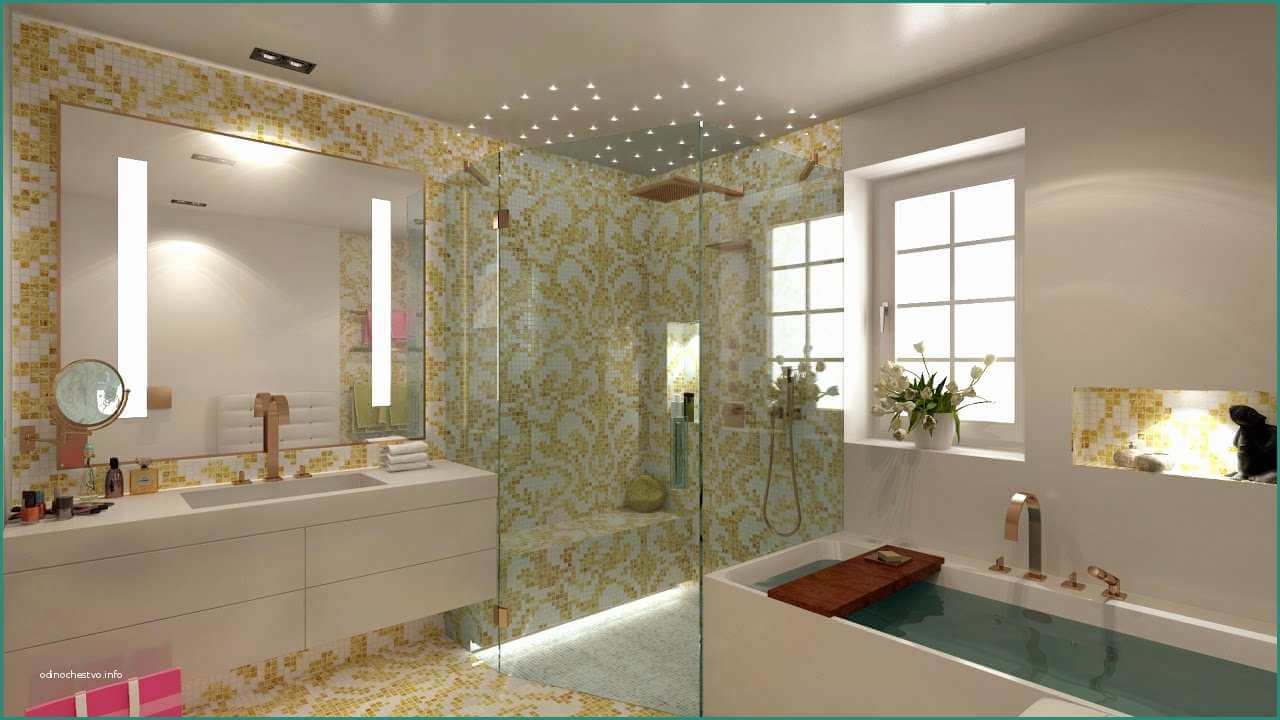 Kleines Bad mit Waschbereich, Dusche und Wanne mit golden gemusterter Tapete