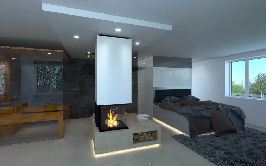 En-suite-Badezimmer mit Doppelbett, Kamin und Sauna