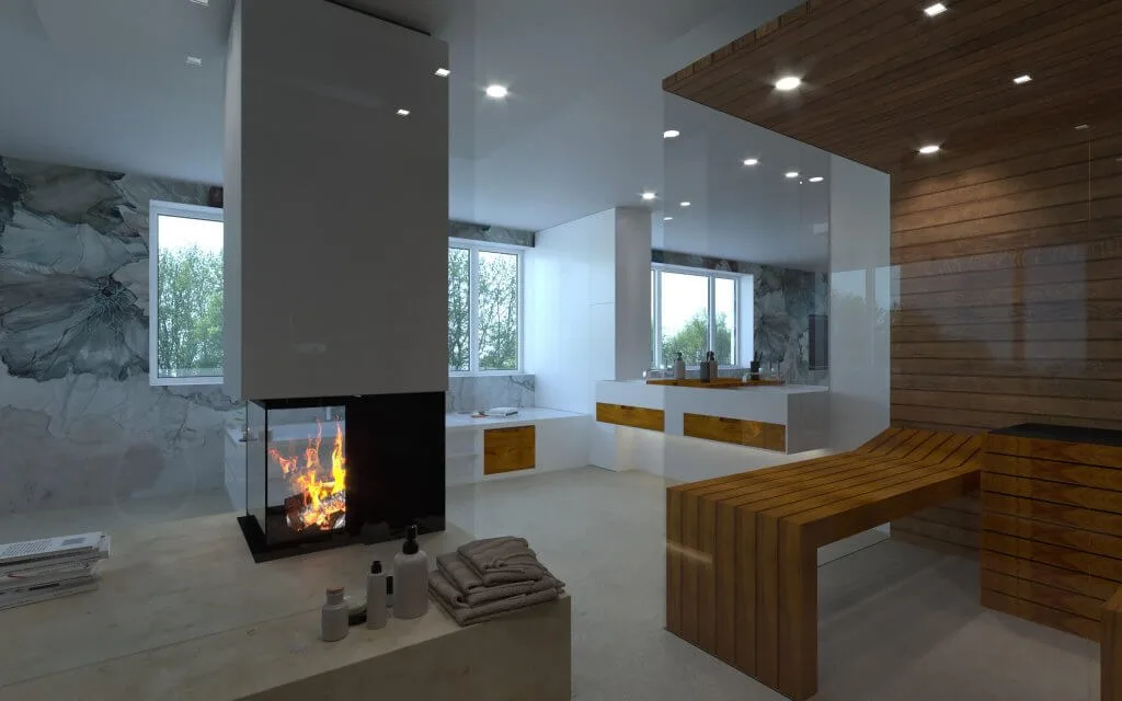 Kamin als Trennelement zwischen Schlafzimmer,
Waschbereich und Sauna