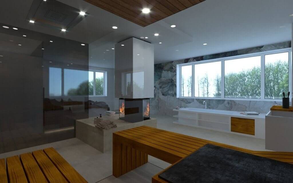 Badewanne, Kamin und Doppelbett in En-Suite-Bad mit großen Fensterfronten