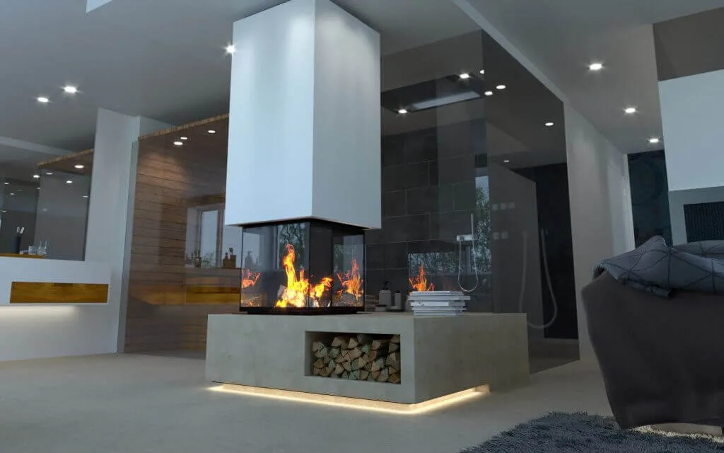 En-suite-Badezimmer mit Kamin und bodenebener Dusche
