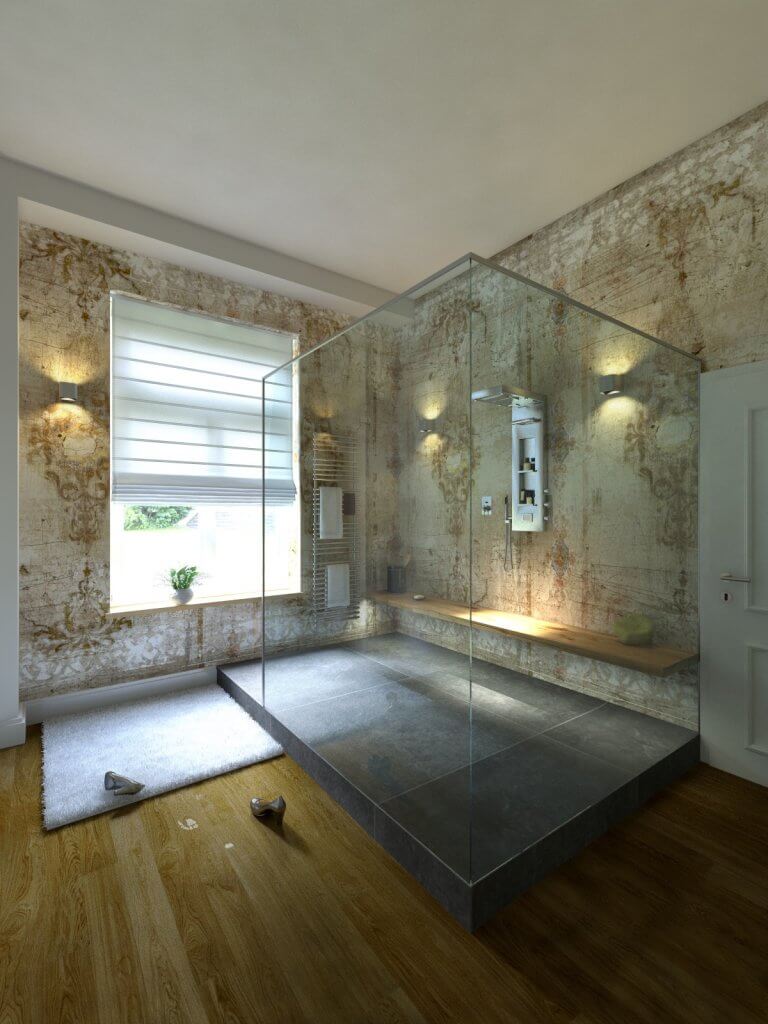 Moderne Dusche umgeben von Glaswänden vor einer Vintage-Tapete