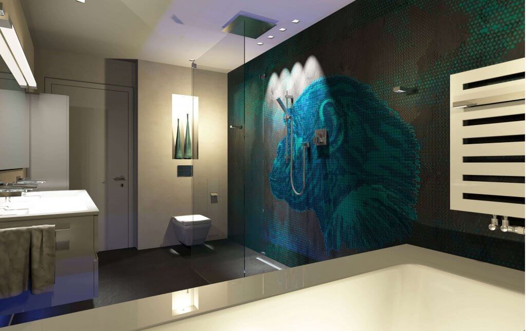 Moderne Dusche mit Glaswand und cooler Tapete
