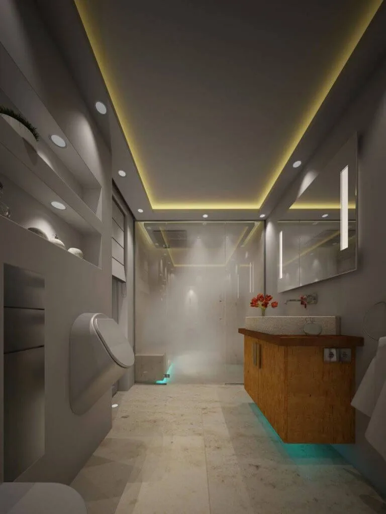 Moderne Dusche in hellem Bad mit hölzernem Waschtisch und professionellem Lichtkonzept
