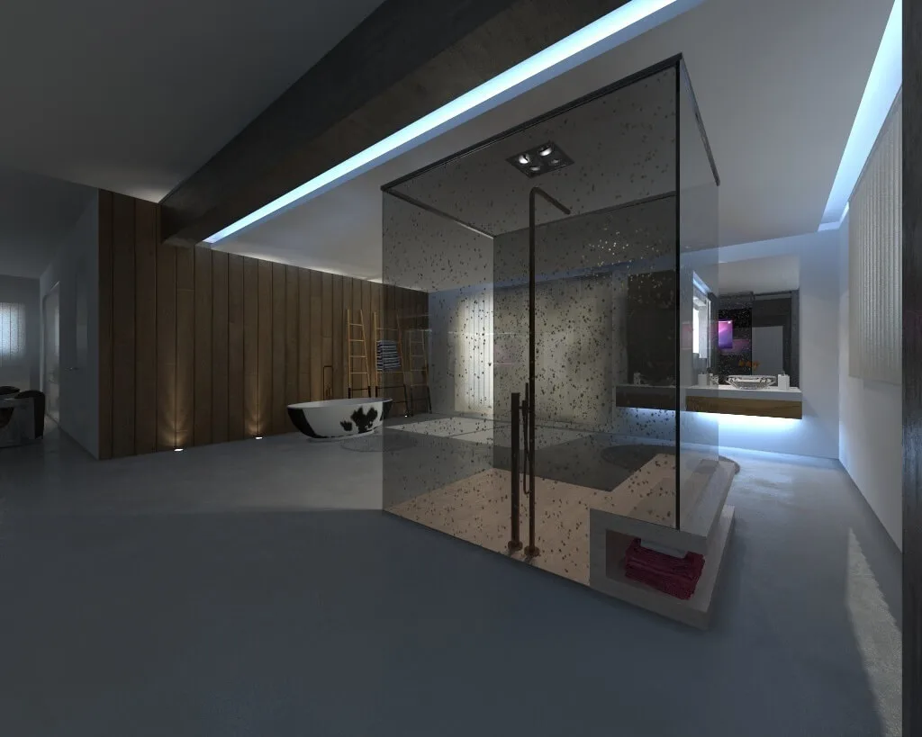 Luxuriöses Bad mit Dampfdusche, freistehender Badewanne und indirekter Beleuchtung – Design by Torsten Müller