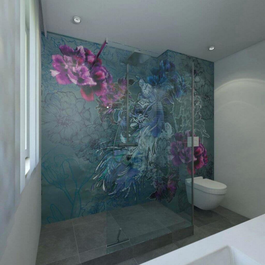 Moderne Dusche in Badezimmer mit wasserfester Wandtapete 