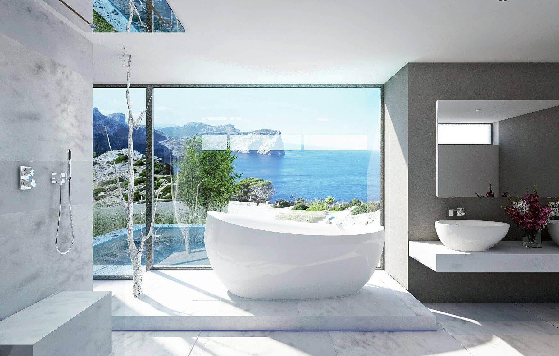 Mediterranes Bad mit freistehender Badewanne, offener Dusche und Waschbereich vor bodentiefem Fenster
