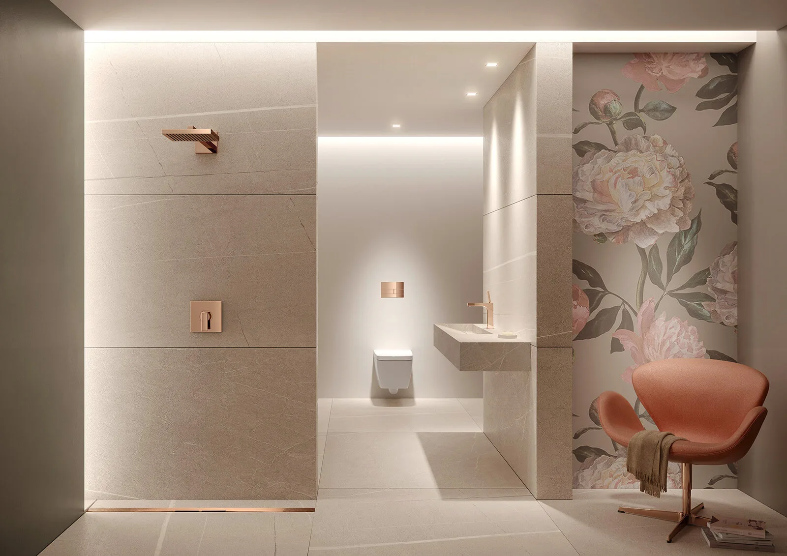 Individuell geplantes Badezimmer mit Naturstein, Roségold und floralem Wandmotiv